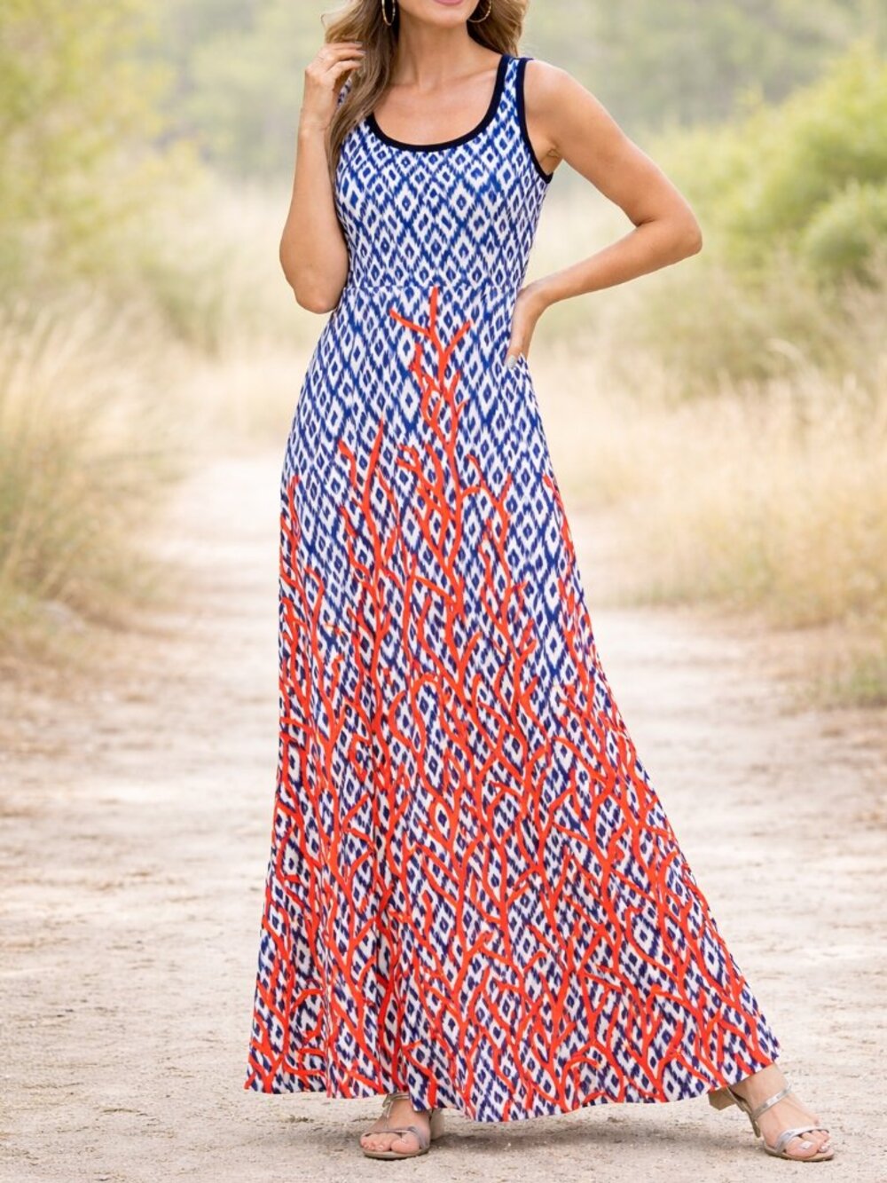 Philosophy Maxi Dress Women Sleeveless A-Line Blue Ikat Coral Print NWT. size S